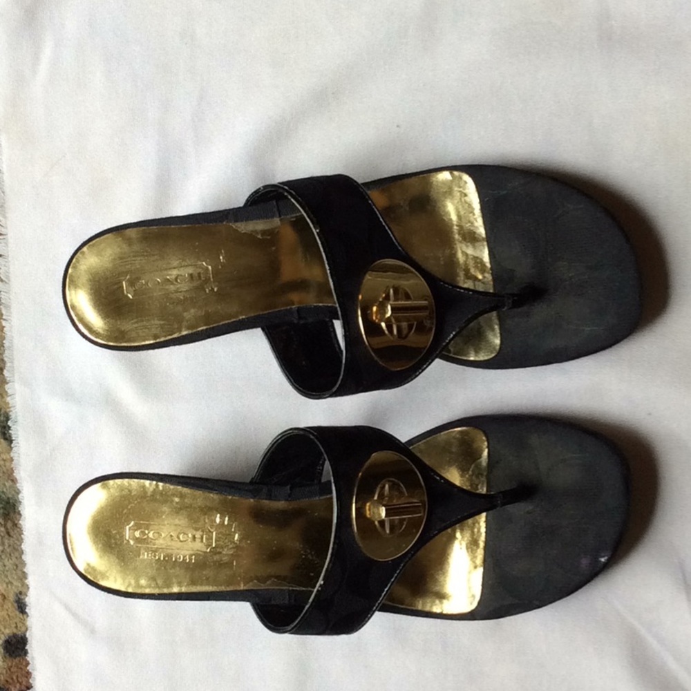 Black Coach sandals with gold hardware.